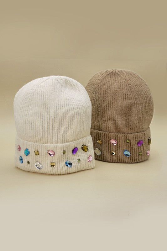 JEWELED COLOR STONE EMBELLISHMENT BEANIE
