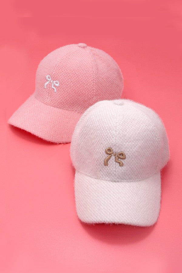 EMBROIDERY BOW FUZZY BASEBALL HAT CAP