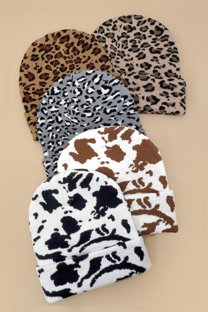 SOFT RIBBED KNIT ANIMAL LEOPARD COW BEANIES HAT